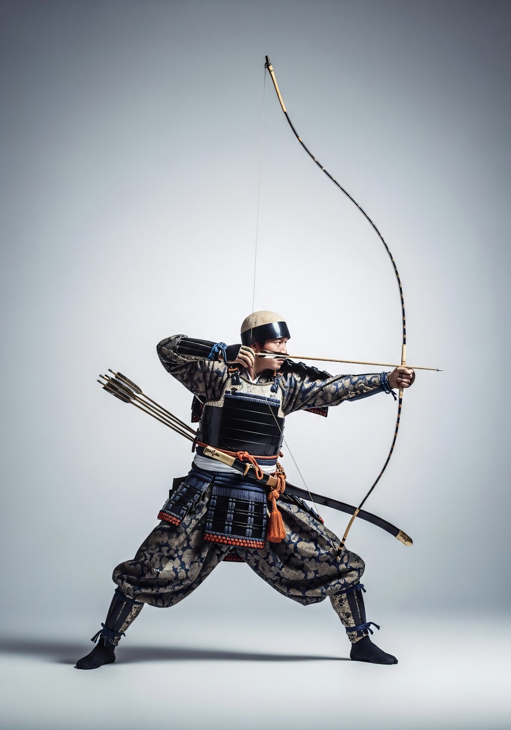Ink drawing of a samurai in armour drawing a bow